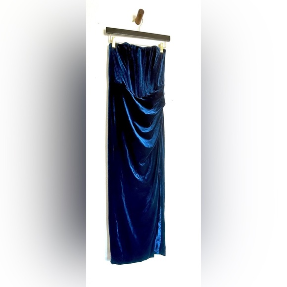 BARDOT Everlasting Velour Gown Elegant Blue Strapless Evening Dress Sz S/4 - Picture 3 of 17